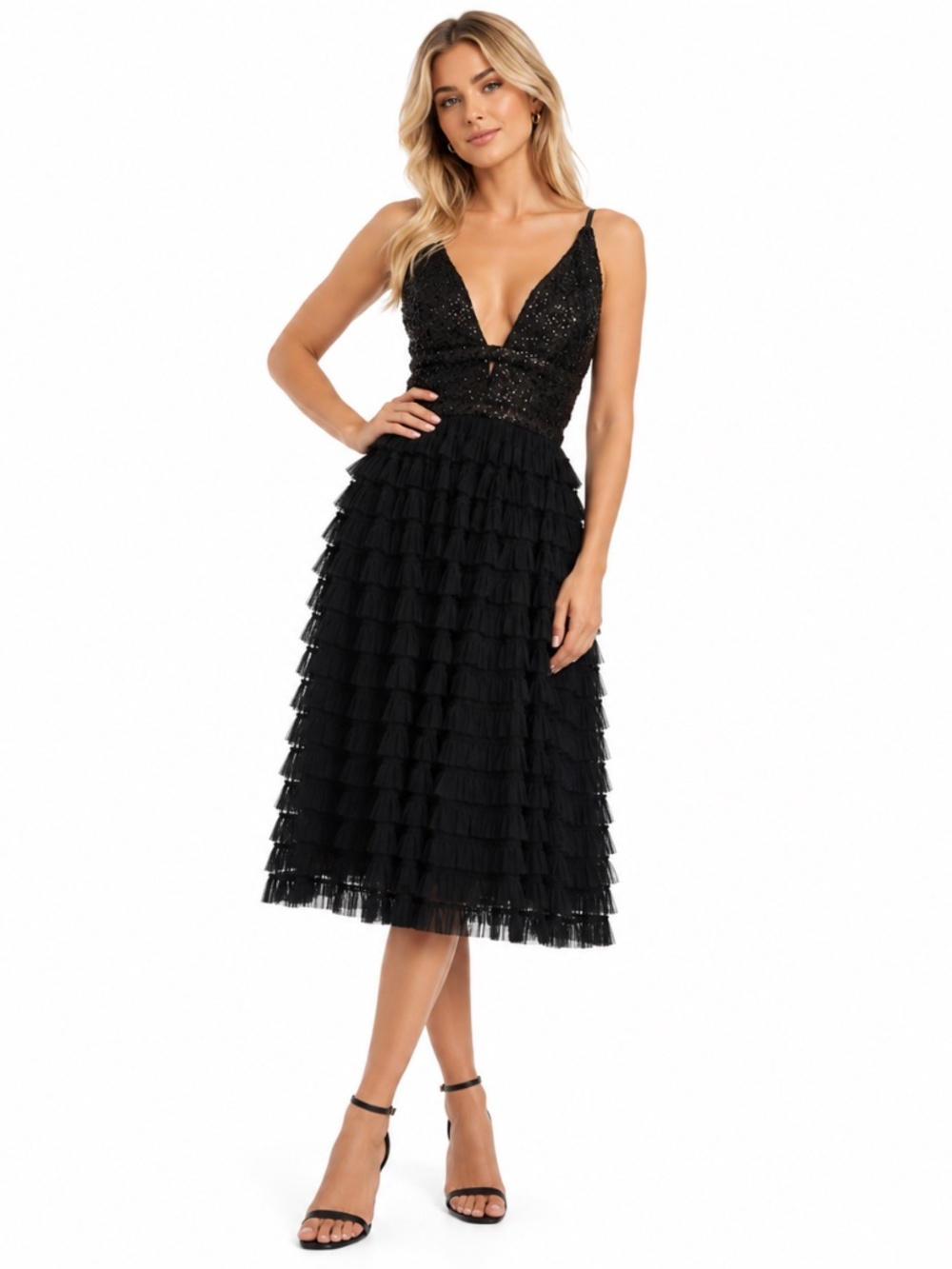 Dress The Population. Becca Sequin & Tulle Tiered Dress. NWOT.